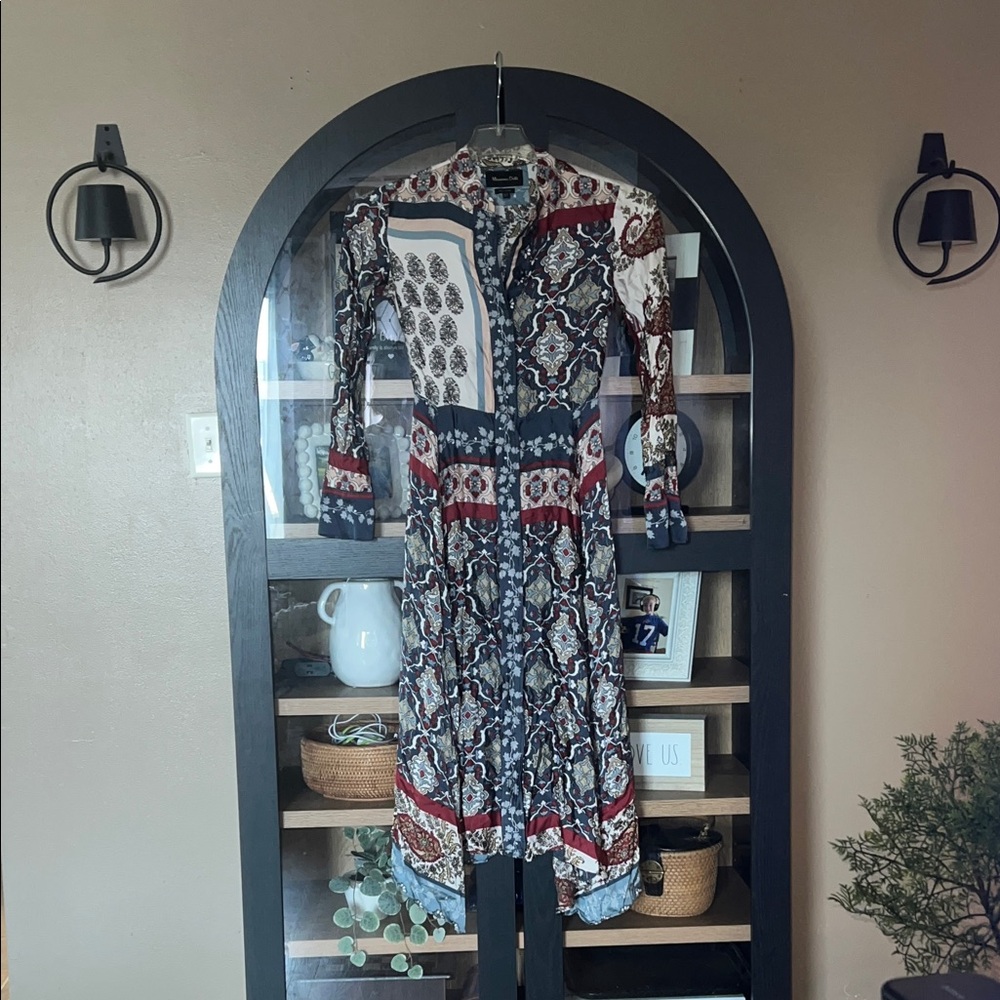 Massimo Dutti Multicolor Paisley Print Long Sleeve Midi Dress